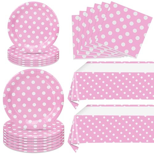 62Pcs Birthday Party Decorations with Dots Design, Pink Polka Dot Party Supplies Includes 20 9'' Plates, 20 7'' Plates, 20 Napkins and 2 Tablecloth for Birthday Minnie Mouse Theme Party Decorations