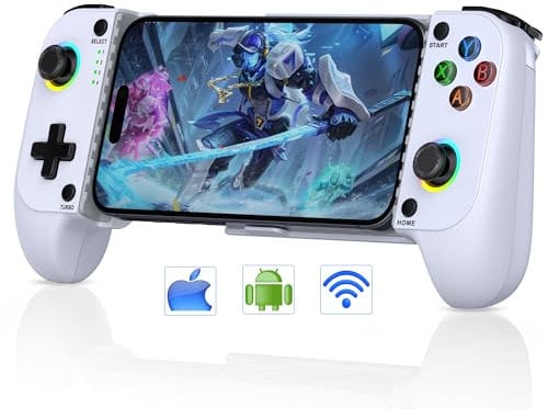 Mobiler Gamecontroller für iPhone/Android mit Case Support, Hall-Effekt Joysticks Gamepad Controller mit Turbofunktion, wireless handlicher Controller für Android mit RGB, geeignet für Cloud-Gaming