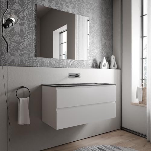 BERNSTEIN Badmöbel-Set Ava 100cm bestehend aus Mineralguss-Waschbecken mit Unterschrank in Weiß matt, Waschtisch CREAM - Schwarz matt ohne Hahnloch, Ideal für mittelgroße Bäder und Badezimmer
