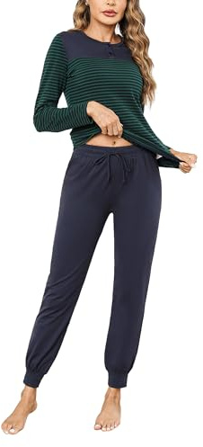 Aseniza Pyjama Femme Hiver Coton Ensembles de Pyjama Chauds Manches Longues Vêtements de Nuit Rayure Loungewear Tenue de Nuit 2 Pièces Vêtements de Détente 194-Vert Foncé, S