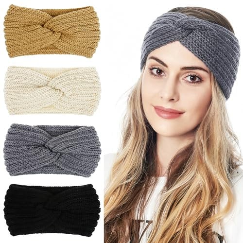 4 Stück Stirnband Damen Winter,Gestrickte Stirnbänder,1 Größe, 4 Farben,Stilvoll Haarband Ohrenwärmer Elastische,Haarband Knoten,Frauen Haarreifen Haarbänder,für Herbst und Winter