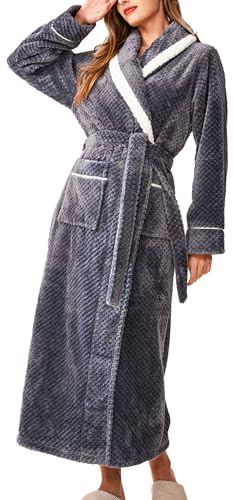 Maeau Peignoir de Bain Long Femme Épais Chaud Carreaux Ananas Automne Hiver | M XL 3XL, Col revers bordé blanc, Ceinture ajustable, Grande poche, Flanelle douce absorbante, pour bain et détente maison