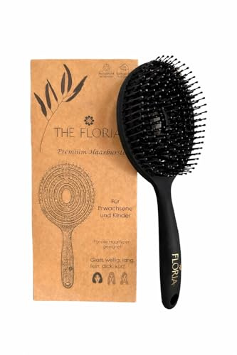 The Floria Haarbürste ohne Ziepen für Damen, Herren & Kinder - Entwirrbürste auch für Locken & Lange Haare - Einzigartige Profi Detangler-Bürste mit Spiralfeder - (Schwarz)