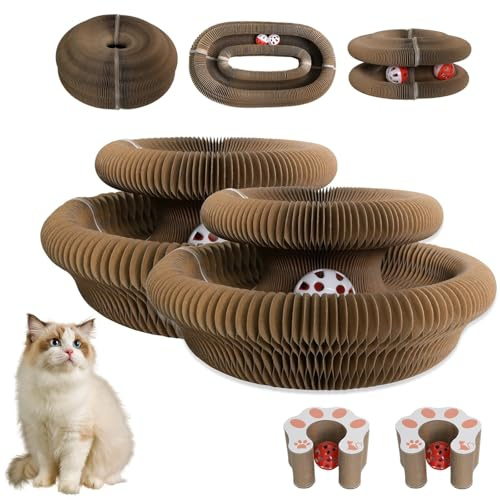 2 Pack Cat Scratcher Board Foldable with Bell Ball, Magic Organ Cat Toy for Cats, Protects Furniture, Corrugated Cardboard Scratching Pad，Interactive Mental Physical Exercise for Indoor Cats Toy