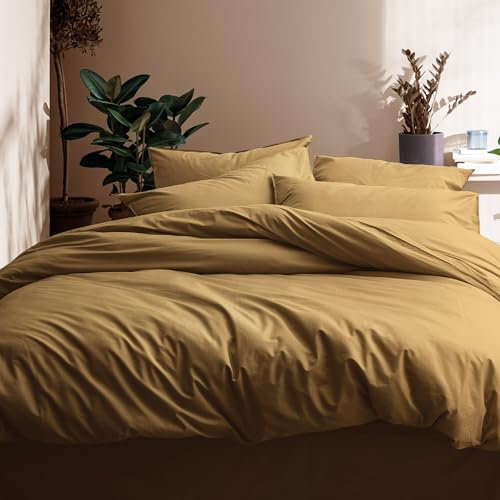 MATT & ROSE Parure de lit Unie Coton LAVÉ 2 Personnes | 100% Coton | Oeko-TEX | Housse de Couette 260x240cm + 2 Taies d'oreiller à Volant 65x65cm | Mixte | Miel
