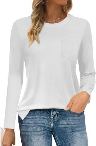 SMENG Long Sleeve T Shirts Women Crew Neck Tunic Tshirts Solid Color Basic Tee Tops for Women UK White M