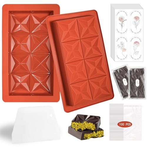 Huahuanghui Schokoladenform Silikon, Tief Schokoladentafel Form mit Aufkleber, Schaber und Tasche, Antihaftbeschichtung, Extra Tief Schokolade Form für Schokolade Praline Süßigkeiten