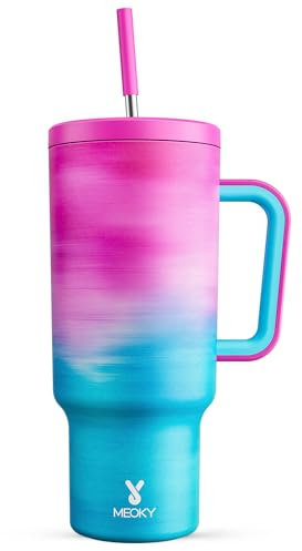 Meoky Mug Isotherme avec Paille et Poignée 1.2L, Tasse Isotherme 100% Anti-fuite, Chaud Pendant 12 Heures, Froid Pendant 34 Heures, Thermos Sans BPA (Dégradé bleu-rose)