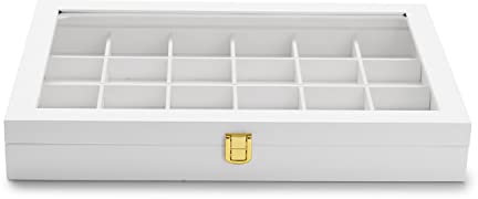 Papten Bandeja apilable para joyas con tapa de piel, color blanco, organizador de joyas, cajón, 24 compartimentos para pendientes, anillos