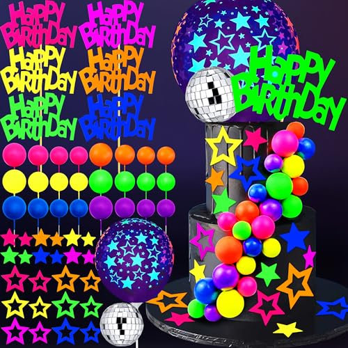 56 PCS Glow Cake Topper Set with Ball Star and Happy Birthday Toppers UV Reactive Party Decorations for Neon Cakes Black Light Party Supplies in 6 Colors