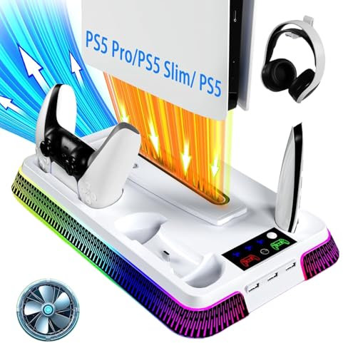 Gerbala Support PS5 pour Playstation 5 Pro/Slim/Standard, Socle PS5 avec Chargeur Manette et Ventilateur à 3 Vitesses, Refroidisseur PS 5 avec RGB, Porte-Casque et 3 Ports USB