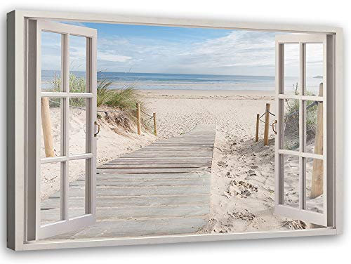 Feeby Leinwand Bilder - Fensterblick Meer Sand Strand - Vlies 45x30 cm - Deko Wohnzimmer - Wandbilder Schlafzimmer - Deko Aesthetic - Wand Deko - Leinwand Groß - Deko Zimmer - Leinwandbilder XXL