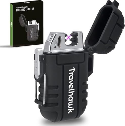 TravelHawk Feuerzeug Elektrisch - Sturmfeuerzeug, Lichtbogen Feuerzeug, Stabfeuerzeug, USB Aufladbar, Kerzenanzünder, Plasma, Geschenke - Schwarz