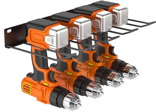 GOYOXOKY Power Tool Organizer Storage, Tool Rack for 4 Drill Holders, Heavy Duty Wall Mounted Holder with Side Screwdriver for Garage, Home, Workshop