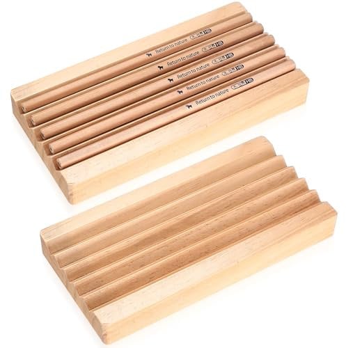 kebitedamai 2 Pcs Wooden Pen Trays, Natural Wood Pen Storage Trays, Pine Wooden Desk Organiser, for Home Office Desk Brush Pencil Tray with 5 Groove (7.09x3.54x0.78 inch)