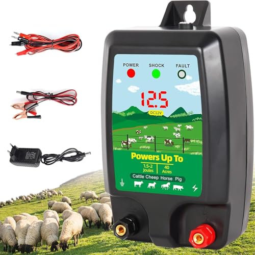 Weidezaungerät 12V mit LED Anzeige, Elektrischer Schäferhund 2J Output für 10 km Reichweite, Wasserdicht Elektrozaungerät für Schutz von Nutztieren, Haustieren, Geflügel, Hausweide, Gärten