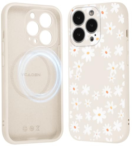 Saqmkil Coque Magnétique pour iPhone 15 Pro 6,1, Compatible avec MagSafe, Aesthetic Fleurs Motif Etui Dessin Fille Case, Souple Silicone Liquide Mince TPU Bumper Antichoc Housse Cover, Beige