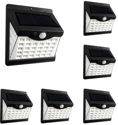 Suprema, Lampada Solare, 6 Pezzi, Faretto LED da Esterno con Sensore PIR e Crepuscolare, IP65, Montaggio Biadesivo, Autonomia 6-8 Ore, Ricarica Solare