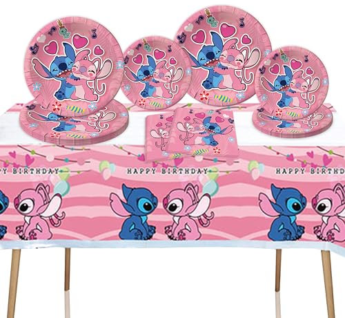41PCS Pink Stitch Party Set – 20 Plates, 20 Napkins & 1 Tablecover. Perfect for Stitch-themed birthdays! Features cute pink Stitch prints, durable plates, and easy cleanup. Ideal for kids’ parties!