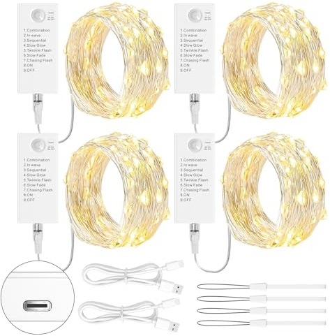 LED Lichterkette 50 LEDs mit Wiederaufladbar(Warm weiß, 4 Stück) | 5M, 8 Modi & Timer, Silberdraht Lichterkette für Weihnachten, Hochzeit, Innen Deko, Party