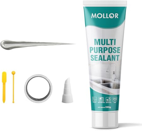 MOLLOR Grauer Sanitär Silikon Dichtstoff 150g Küche Bad wasserfest | Geruchsneutraler Profi-Dichtstoff temperaturbeständig für Arbeitsplatte Spülmaschine Fliesen Fugen