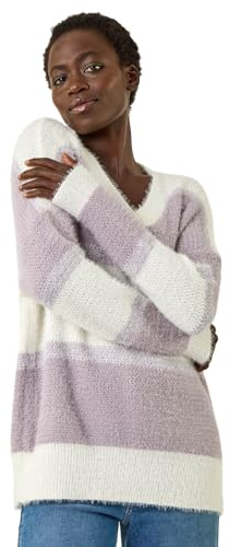 Roman Originals V-Neck Stripe Knit Jumper for Women UK - Ladies Everyday Autumn Winter Comfy Soft Evening Vacation Work Party Night Out - Lilac - Size 16