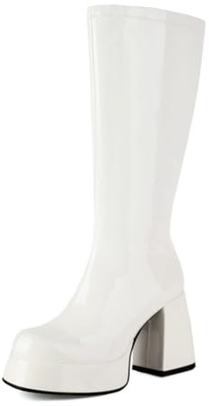 Stivali Platforma Donna Retro Pelle Scamosciata al Ginocchio Tacco Basso Chiusura Laterale 70s Go Go Tema Costume Festa Halloween,Bianca,38 EU