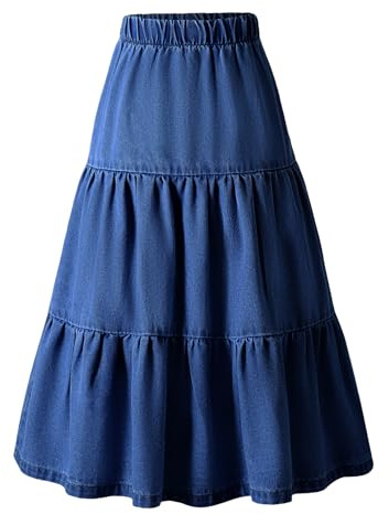 SEAUR Jeansrock Mädchen Midi Lang Denimrock Elastisch Baggy A-Line Plisseé Lässig Teenager Mädchenrock Vintage Faltenrock Skort Lässig Freizeitrock Weich Skirt