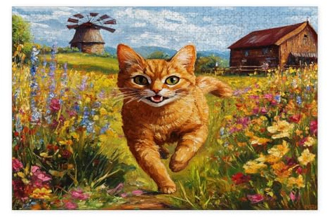 Spring Abessinian Cat Jigsaw Puzzles for Adults 10000 Pieces Country Garden Kitten Wooden Puzzles Fun Flower Pet Pattern Decorations for Home Entertainment
