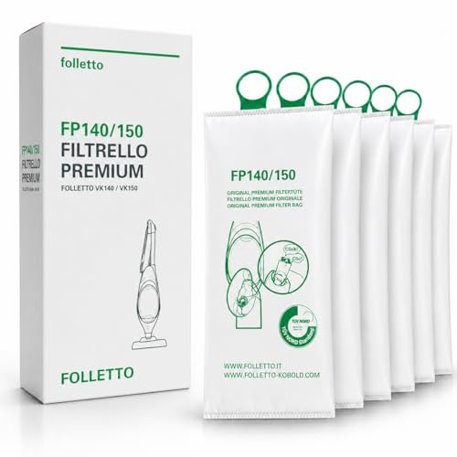 6 Sacchetti Folletto VK 140/150 ORIGINALI - Filtrello Premium FP 140/150 + DOVINA NON INCLUSO - per Folletto VK140/150, Triplo Strato Antipolvere, Anti Allergeni e Anti Odore
