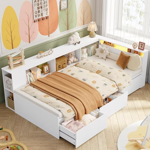 FOREHILL Kinderbett 90 x 200 cm Jugendbett Einzelbett mit LED und Stauraum | Tagesbett, Stauraumbett, Holzbett, Schrankbett mit Bücherregal, 3 Schubladen und 3 Staufächern, Weiß, (Ohne Matratze)