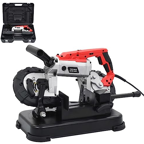 Ordellia Sega a nastro con supporto e valigetta di trasporto in acciaio, 1100 W, TPI 14, campo di taglio da 12,7 x 12,7 cm, 0-2,4 m/s, per legno, metallo, plastica, officina e garage