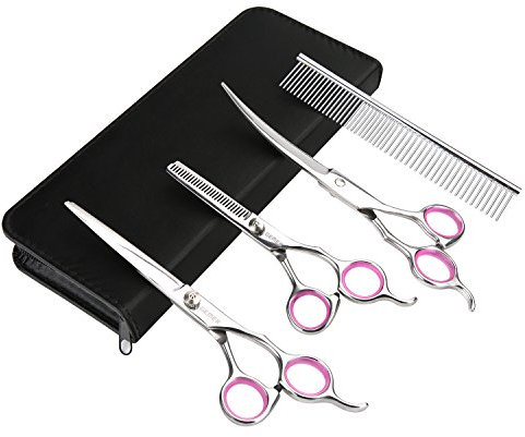 GEMEK Pet Cat Dog Grooming Scissors Set 4 Stück Edelstahl Professional Pet Trimmer Kit - 7,5 Zoll gerade Schere, Ausdünnung Schere, gebogene Schere, Grooming Kämme