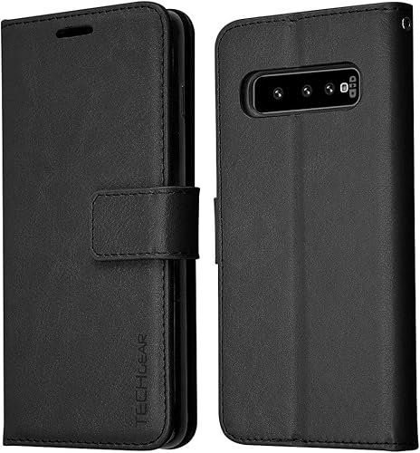 TECHGEAR Galaxy S10 Leather Wallet Case, Flip Protective Case Cover with Card Slots, Kickstand and Wrist Strap - Black PU Leather Designed For Samsung Galaxy S10