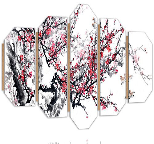 Feeby Image Panneau Déco cerisier japonais 5 pièces déco rouge 200x100 cm