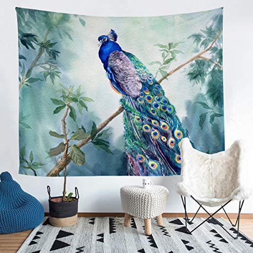 Tbrand Chic Pfau Tapisserie Botanischer Vogel Wandbehang für Kinder Jungen Mädchen Äste Stammes Pfauenfedern Wandteppich 148x200cm Blau Wandtuch