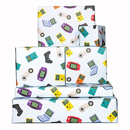 Birthday Wrapping Paper for Boys - For Men - Gamers - Blue Gift Wrap - 6 Sheets of Happy Birthday Wrapping Paper - For Kids - Sustainable - Eco Friendly - Comes with Stickers and Tags - By Central 23