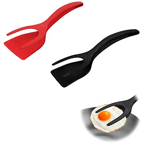 Pince de Cuisine et Spatule 2 en 1 Spatule à Barbecue de Cuisine en Silicone Pinces de Cuisine Anti Adhérent Spatule à steak pour Crêpes Hamburgers œufs Ustensiles de Cuisine Rouge et Noir 2 Pièces