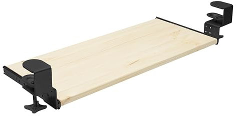 FIX&EASY Tastaturauszug klemmbar mit Tastaturablage 600X300mm fichte kiefer Holz massiv, Tischklemmen höhenverstellbar schwarz, Schienen schwarz 300mm, Auszug für Tastatur Maus und Laptop Ablage