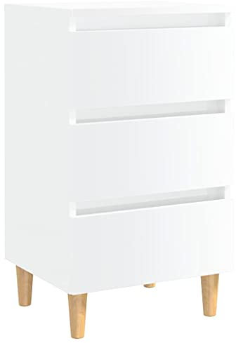 vidaXL Nachttisch mit Massivholz-Beinen 3 Schubladen Nachtschrank Nachtkonsole Nachtkommode Schlafzimmer Schrank Kommode Hochglanz-Weiß 40x35x69cm