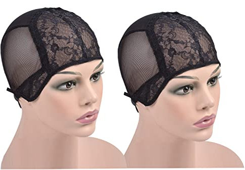 2 Stück Doppelte lace Perückenkappe mit verstellbaren Trägern auf der Rückseite for Making Wigs (Schwarz XL)