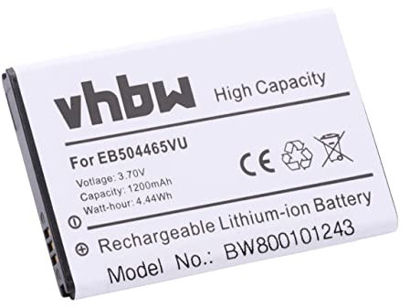 vhbw Akku kompatibel mit Samsung GT-S5800 Galaxy 3, GT-S8530 Wave II, SCH-F859, SCH-I400 Handy Smartphone Telefon (1200mAh, 3,7V, Li-Ion)