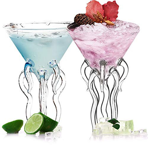 SLHOWOW Lot de 2 verres à cocktail en forme de méduse en forme de pieuvre - Transparent - Créatif - Pour maison, bar, restaurant, mariage, vacances, fête (emballage en boîte)