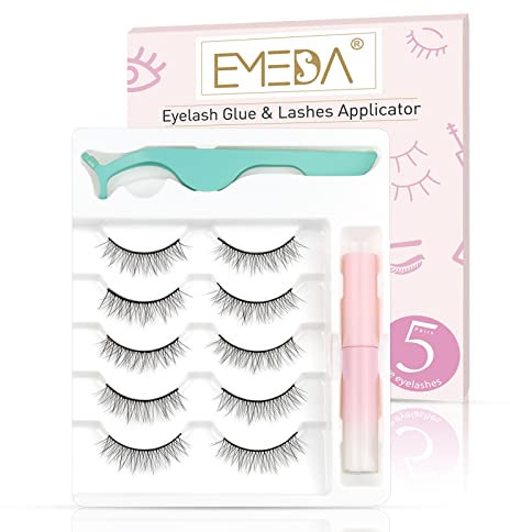 EMEDA Natürliche 3D Wimpern mit Kleber Und Pinzette 5 Paar Kurze Wimpern mit Kleber Natürlicher Look Falsche Wimpern Set Wispernde Streifenwimpern mit Applikator (natürlich 03)