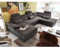 Wohnlandschaft mit Schlaffunktion und Kopfstützen in Webstoff dunkelgrau mit Kunstleder schwarz modern | Sofa in U-Form mit Bettkasten rechts