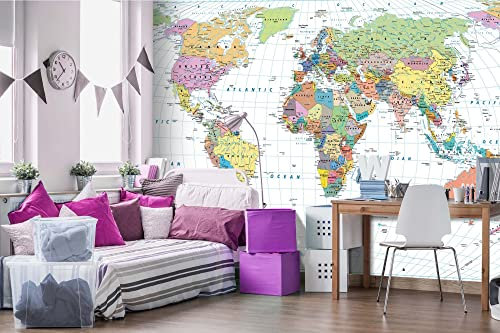 Vlies Fototapete DETAILLIERTE FARBIGE WELTKARTE 375 x 250 cm (inkl. Kleister) - Vlies Tapete, Wandtapete, Wandbilder - Tapete für Wohnzimmer Schlafzimmer, Büro, Küche - Montagefertig