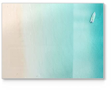 DEQORI Schneidebrett aus Glas | groß 40x30 cm | Motiv Blick auf Boot im Meer | Design Schneideplatte für Küche | Frühstücksbrett antibakteriell & rutschfest | Glasplatte & Servierplatte