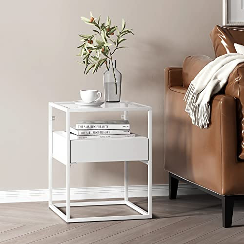 [en.casa] Beistelltisch Vissenbjerg Nachttisch mit 1 Schublade Wohnzimmertisch 51 x 40 x 40 cm Sofatisch Tischplatte aus gehärtetem Glas quadratisch Metallgestell Weiß, matt