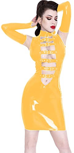 Plus Size S-7XL Women Buckle Dress with Gloves Dance PVC Leotard Faux Leather Dress Latex Dresses,Yellow,4XL
