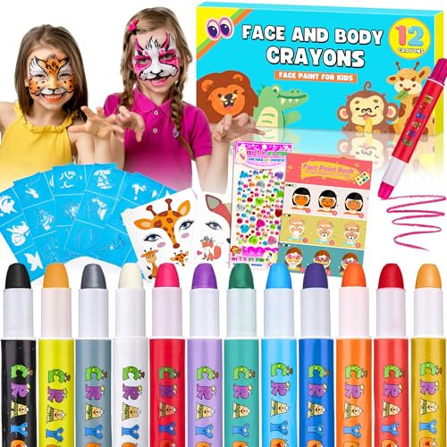 Chennyfun Face Paint Crayons Kit, 12 Bright Colors Face & Body Painting Makeup Crayons, With 30 Stencils 2 Temporary Tattoo Sheets, Ultimate Party Pack Great for Birthday Party & Halloween Makeup